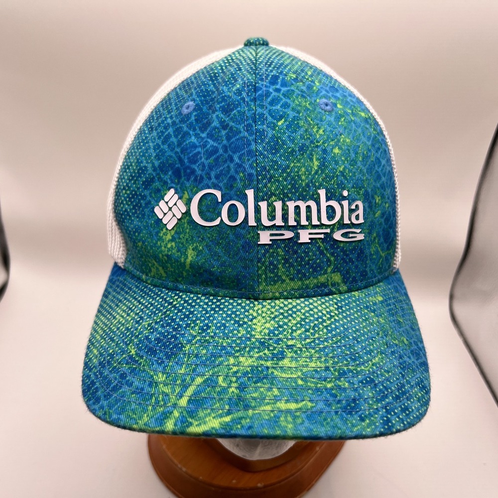 Columbia PFG Mesh Ball Cap Blue Green Fish Scale Hat HU9172 L/XL Flexfit